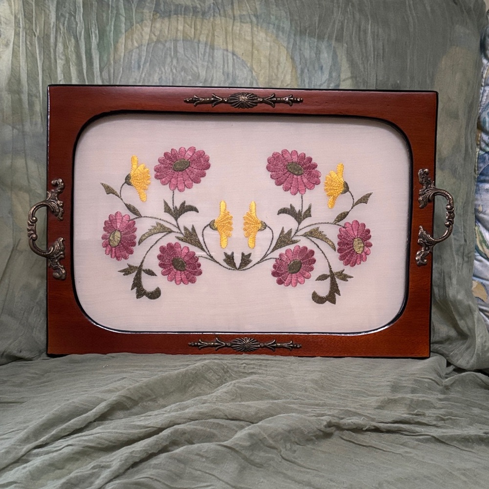 Vintage Floral Embroidered Serving Tray